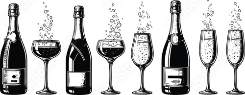 A black and white illustration of champagne bottles and glasses with bubbles rising