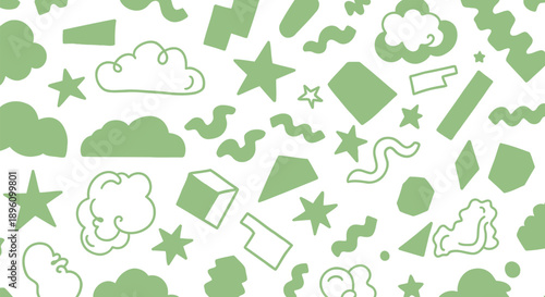 A vibrant and playful pattern of green shapes and symbols 