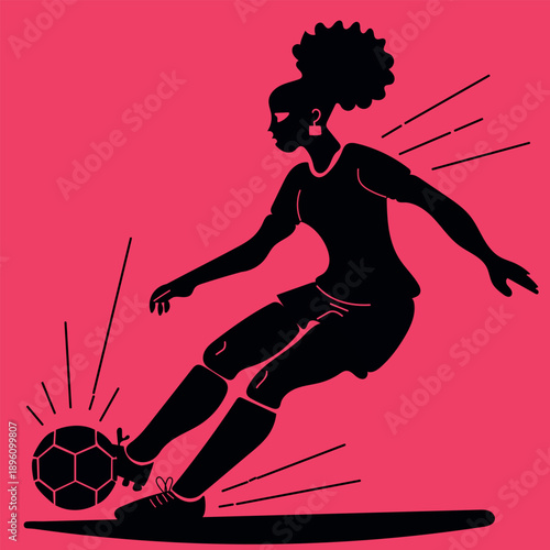 Dynamic female soccer player silhouette kicking football vector