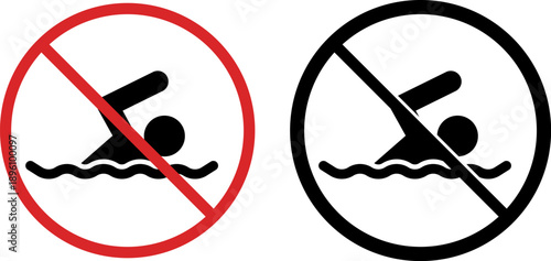 No swimming prohibition sign - vector icons with red and black circles