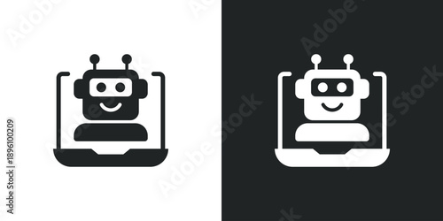 Chatbot assistant icon on laptop screen for digital customer support and automated online service. Solid vector symbol illustration