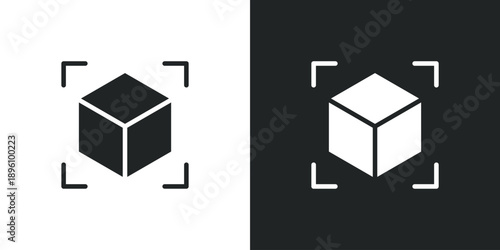 Isometric 3D cube icon with focus frame for augmented reality and virtual modeling. Solid vector symbol illustration