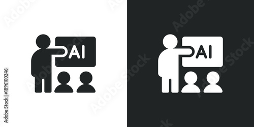 Teacher presenting artificial intelligence concept to students in a classroom workshop training session. Solid vector symbol illustration