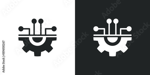 Digital technology gear icon representing industrial automation smart manufacturing engineering and electronic circuit integration. Solid vector symbol illustration