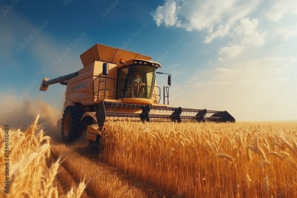 Obraz premium Combine harvester harvesting wheat from the field