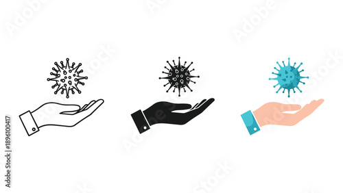 Hands holding virus icons in different styles