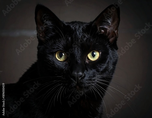 Close-up portrait of a sleek black cat with bright yellow eyes