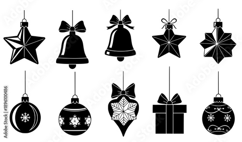 Decorative hanging Christmas tree ornaments vector set in black silhouette