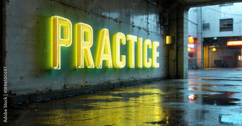Fototapeta premium Bright neon sign spells PRACTICE against concrete wall. Wet pavement reflects glowing letters, creating vibrant urban scene.