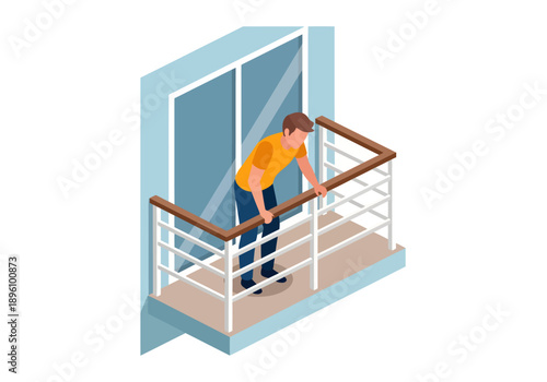 An isometric vector illustration shows a man in an orange shirt leaning heavily on a balcony's wooden railing, gazing downward while standing before a large glass sliding door on a light blue wall