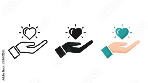 Hand holding heart icon set in different colors and styles