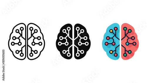 Brain icon set with neural connections in various colors
