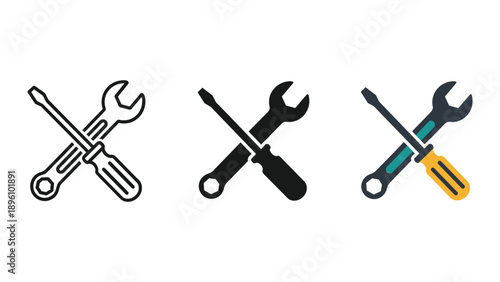 Set of crossed wrench and screwdriver icons in different styles