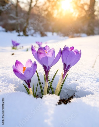 Purple crocuses blooming in snow, sunlight