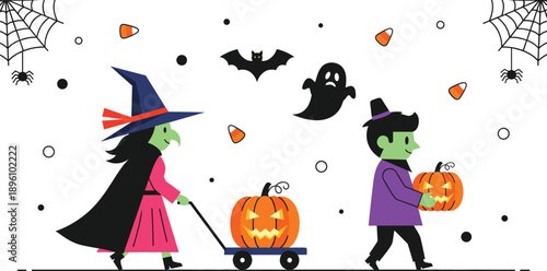 Flat vector illustration of a witch and goblin character collecting pumpkins for Halloween celebration with spooky ghost and bat elements.
