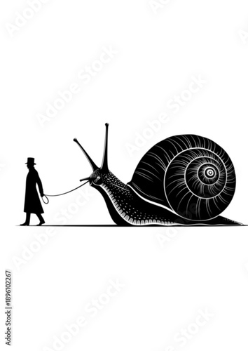 Surreal Silliness Silhouette Person Walking Giant Snail Absurdist Fantasy Concept Vector