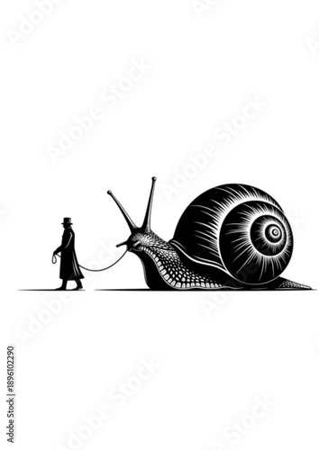 Surreal Silliness Silhouette Person Walking Giant Snail Absurdist Fantasy Concept Vector