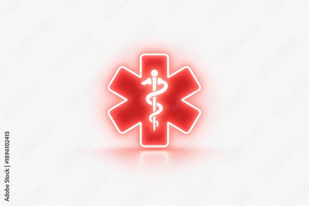 Obraz premium Symbol of Medical Assistance Glowing in Red With a Caduceus on a Star of Life Design in a Simple Background at Night