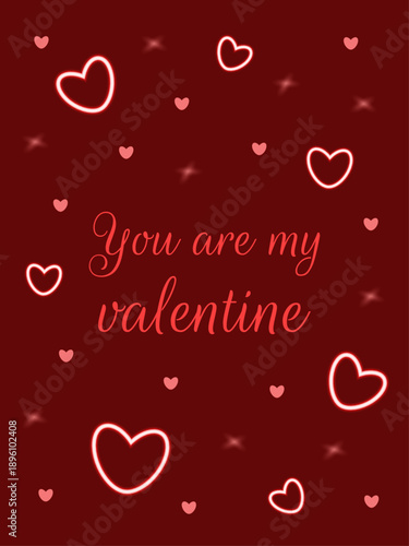 Valentine's Day background. Vector illustration. Neon and pink hearts on a red background. Text 