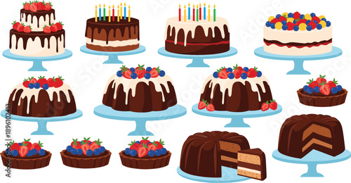 Large collection of various chocolate and fruit cakes on stands including bundt cakes tiered cakes and tarts for birthday and celebration events.