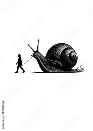 Surreal Silliness Silhouette Person Walking Giant Snail Absurdist Fantasy Concept Vector