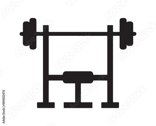 A minimalist black icon of a weight bench with a loaded barbell for strength training.