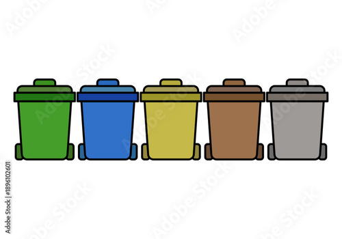 Conjunto de cinco cubos de basura de colores para reciclaje y separación de residuos