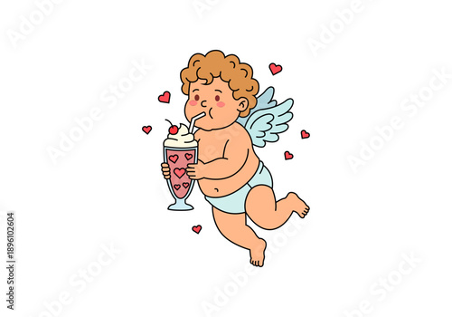 Cupido bebiendo un batido con nata y cereza rodeado de corazones