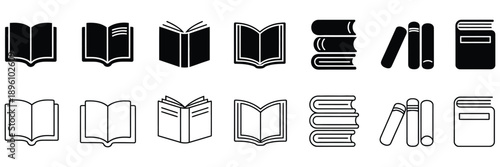 book icon set black outline and glyph library education symbols.