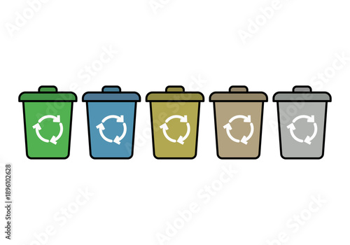 Cinco contenedores de reciclaje de diferentes colores con símbolo de reciclaje