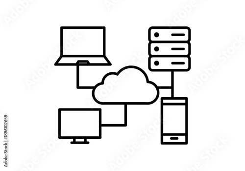 Icono de re en la nube con dispositivos conectados y servidores en trazo lineal negro