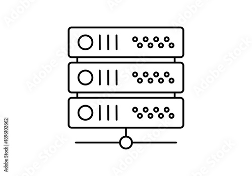 Icono de rack de servidores de centro de datos con nodos conectados por red en trazo lineal