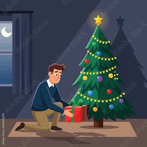 Lonely man placing Christmas gift under tree feeling sad and disappointed