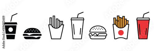Fast food icon set, collection of street food symbols such as burgers, potato fries, beverages, and snacks, illustrating