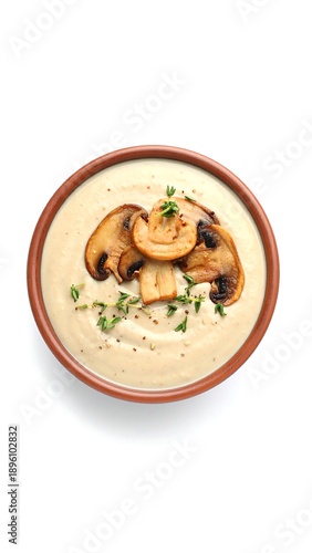 Creamy mushroom soup in a bowl, topped with sauteed mushrooms and herbs