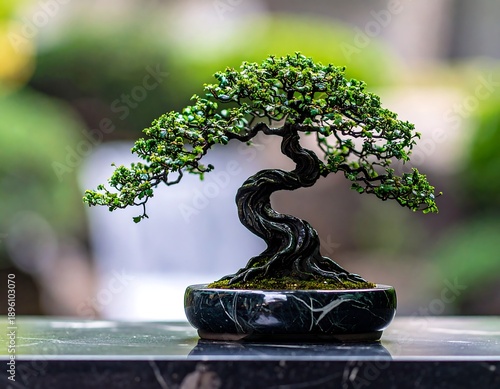 Bonsai tree in dark pot, on marble surface