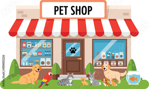 Pet shop building exterior with cute animals including dogs cats rabbit parrot and goldfish in bowl standing in front of store window.