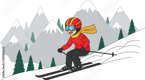 Happy young man skiing down a snowy mountain slope in winter season wearing red jacket and helmet with scenic pine trees background.