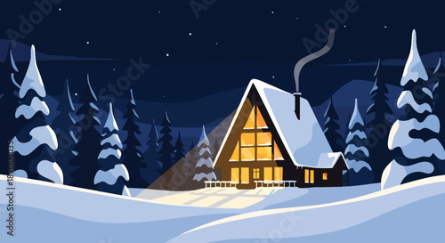 Cozy A-frame cabin nestled in a tranquil, snow-covered winter wonderland at night, with inviting warm lights glowing through windows under a serene starlit sky, surrounded by frosty pine trees
