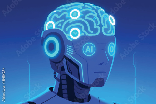Illustration Of A Robot With Brain Technology Vector Design Template