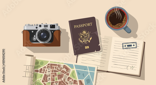 Travel planning flat lay with passport, visa stamps, vintage camera, world map, and coffee, symbolizing global adventure and wanderlust