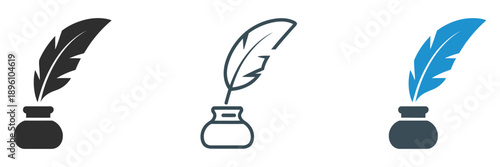 Feather and inkwell icon on light background, poetry symbol representing literature, calligraphy, education, handwriting, classic writing pens, creative writing