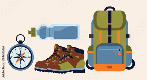 Essential outdoor adventure gear set illustrated compass, water bottle, hiking boots, and a spacious backpack. Perfect for trekking, camping, and nature exploration