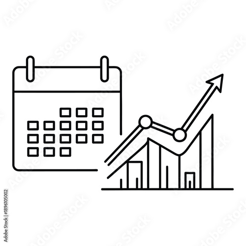Calendar icon beside an upward trending graph, symbolizing successful statistics, growth, and planning