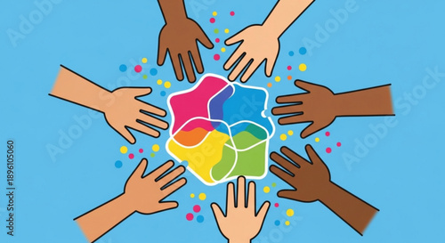 Diverse hands reaching for colorful puzzle pieces on blue background symbolizing unity and teamwork in a vibrant inclusive environment