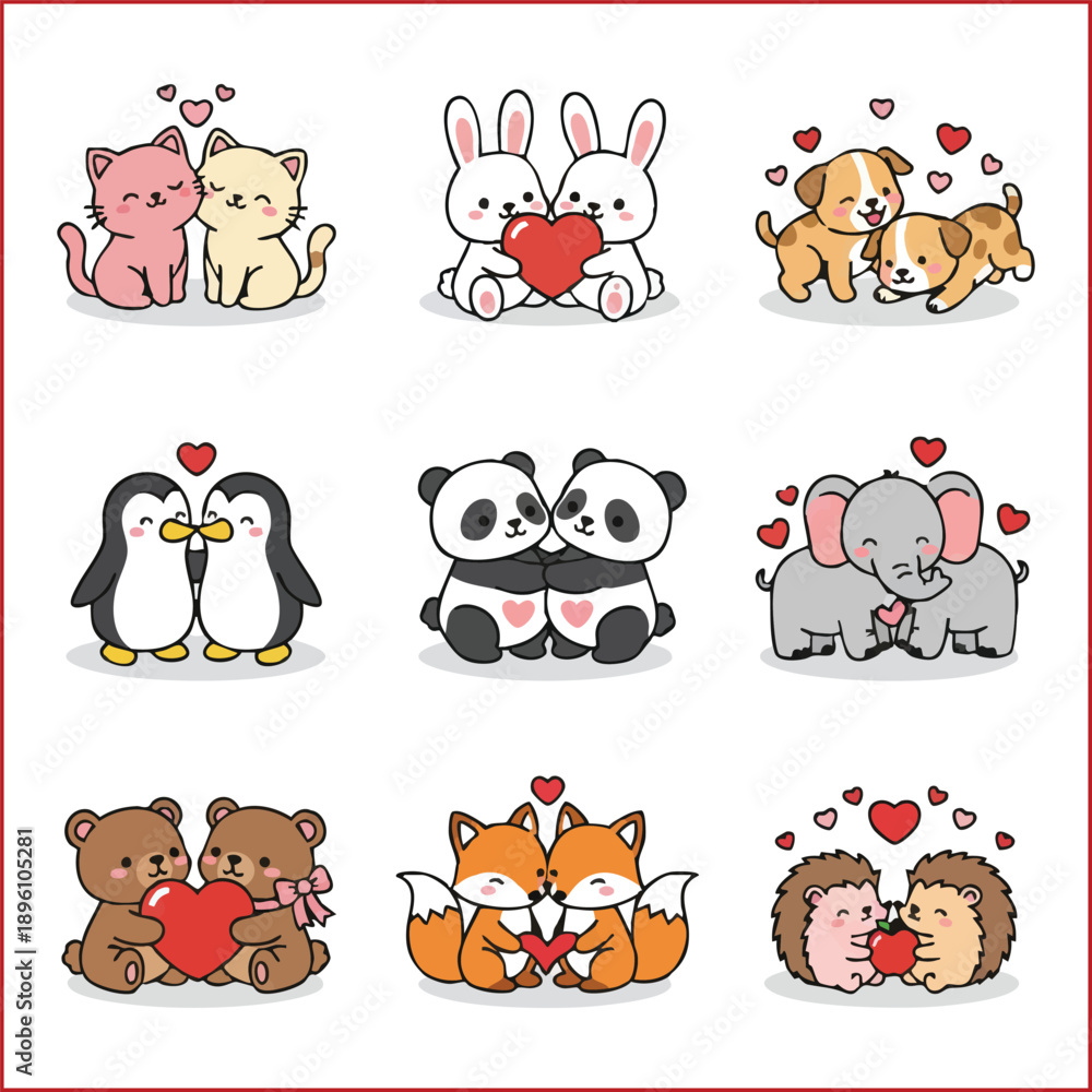 Obraz premium Cute animal couples hugging set. Cartoon pets and wildlife in love.
