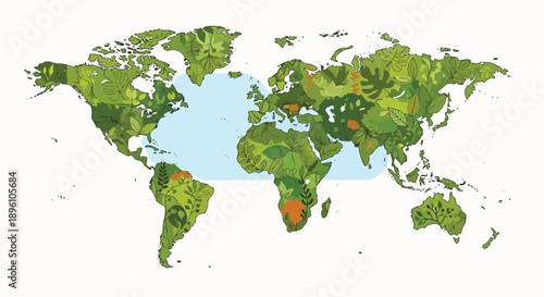 A vibrant and lush world map illustration showcasing diverse global flora, representing the rich tapestry of plant life across continents and oceans