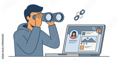 Person Using Binoculars and Laptop for Surveillance or Observation