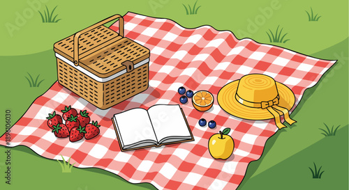 A delightful outdoor picnic scene with a woven basket filled with fresh fruits, a book for leisure, and a straw hat resting on a checkered blanket amidst lush green grass