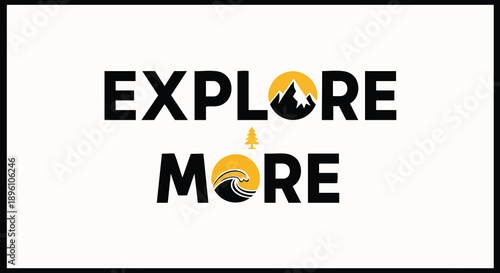 Bold graphic illustration inspiring the spirit of adventure and discovery, featuring symbolic mountain peaks and ocean waves for outdoor exploration and travel branding